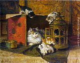 Famous Cat Paintings - A Mother Cat Watching Her Kittens Playing